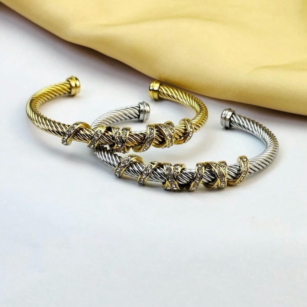Cable Cuff Bracelet with Crystal Wrap Detailing – Gold or Silver